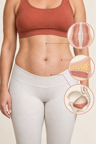 Os três pontos afetados pela gravidez: diástase abdominal, excesso de gordura e assoalho pélvico